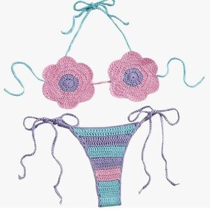 Lavender pink daisy crochet bikini rave bodysuit beach vacation spring break